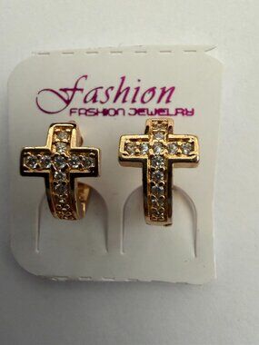 Gold Tone Crystal Cross Huggie Hoop Earrings
